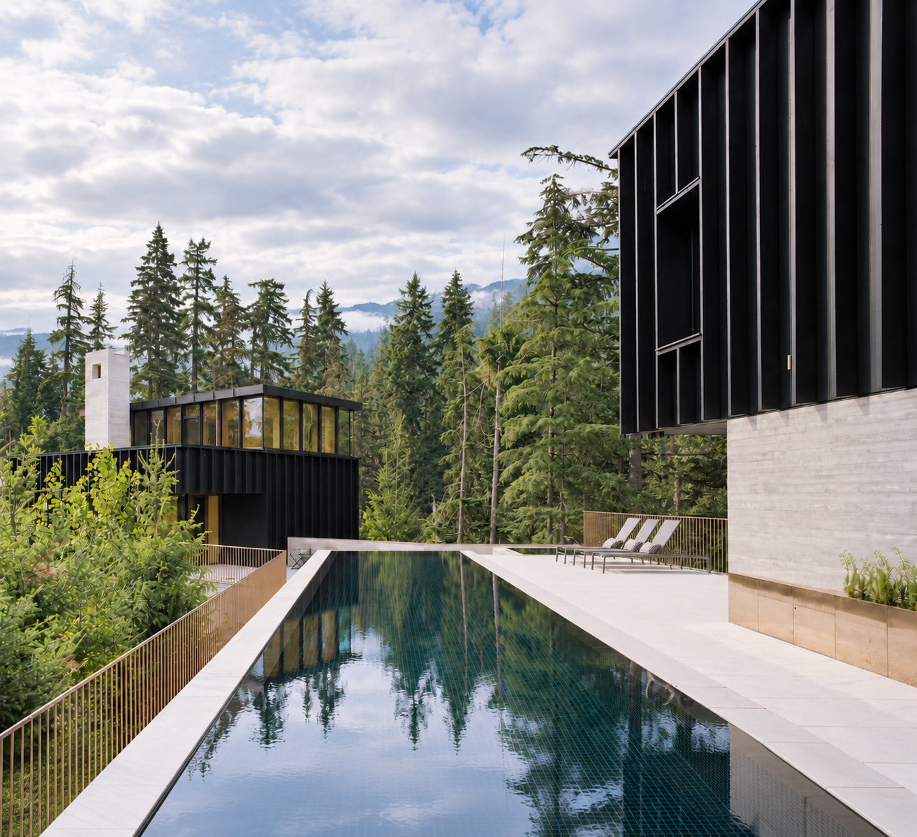 An infinity lap pool terrace framed by tall pines